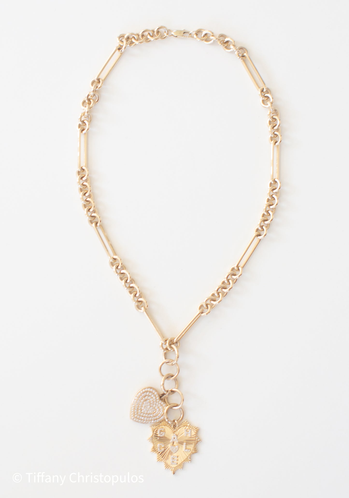 14K Gold Vermeil Coco Necklace With Double Pendants Lucy Diamond and Ella Custom Heart Charm